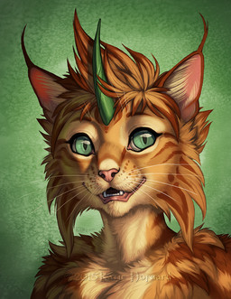 anthro brown_body brown_fur female fur green_background green_eyes open_mouth simple_background smile solo teeth katie_hofgard felid feline lynx mammal 2015 digital_media_(artwork) headshot_portrait portrait