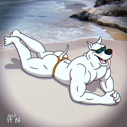 anthro beach black_nose bottomwear butt clothing fur furgonomic_bottomwear furgonomic_underwear furgonomics lying male muscular muscular_anthro muscular_male on_front open_mouth open_smile orange_clothing orange_thong orange_underwear outside pecs pink_tongue pose shadow smile solo tail thong tongue underwear wearing_sunglasses white_body white_fur fabfelipe tiny_toon_adventures warner_brothers arnold_the_pit_bull canid canine canis domestic_dog mammal pit_bull 1:1 2026 digital_drawing_(artwork) digital_media_(artwork) hi_res pinup