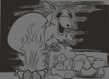 anthro big_butt butt campfire clothed clothing duo female fire hair huge_butt hyper hyper_butt lying male nude on_side open_mouth thick_thighs awakecore 99_nights_in_the_forest roblox deer_(99_nights_in_the_forest) deer mammal monster 2025 digital_media_(artwork) monochrome