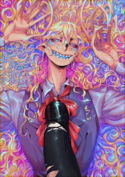 alternative_fashion ambiguous_gender ambiguous_pov clothed clothing curly_hair dialogue duo ear_piercing first_person_view goth hair humanoid_pointy_ears long_fingers male not_furry open_mouth piercing pointy_ears psychedelic sharp_teeth shirt smile teeth text the_distortion_(tma) topwear vest blackberreh the_magnus_archives gerard_keay michael_shelley avatar_(tma) entity_(tma) human humanoid mammal spiral_(tma) digital_media_(artwork) hi_res