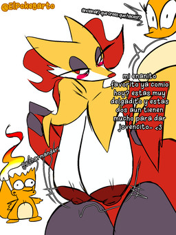 anthro areola big_breasts blush breasts elderly female female_anthro group hanging_breasts huge_breasts male male/female nipples red_areola red_nipples text thick_thighs trio elpokebarto nintendo pokemon charizard charmander delphox generation_1_pokemon generation_6_pokemon pokemon_(species) hi_res spanish_text tagme