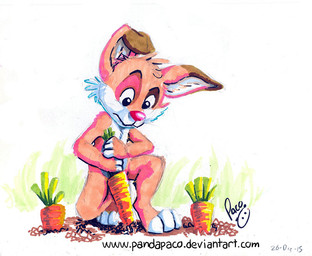 anthro carrot cheek_tuft dipstick_ears ear_markings facial_tuft farming floppy_ears food front_view fur glistening glistening_eyes head_tuft logo male mouth_closed multicolored_ears nude pink_body pink_fur plant solo text tuft vegetable white_body white_fur young young_anthro young_male pandapaco lagomorph leporid mammal rabbit 2015 artist_logo dated signature url
