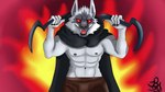 abs anthro biceps bottomwear cape cheek_tuft cloak clothing dual_wielding facial_markings facial_tuft fangs fire fire_background fur fuzzy head_markings holding_object holding_weapon looking_at_viewer male markings mask_(marking) muscular muscular_anthro muscular_male narrowed_eyes navel nipples open_mouth pants raised_arms red_eyes sickle smile solo standing teeth teeth_showing tuft weapon white_body white_fur jbond dreamworks puss_in_boots_(dreamworks) death_(puss_in_boots) canid canine canis mammal wolf 16:9 hi_res widescreen