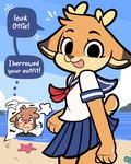 ambiguous_gender anime_nosebleed anthro antlers beach blood blush bodily_fluids bottomwear brown_body brown_fur clothed clothing cloud cutaway detailed_background dialogue duo emanata eyelashes female freckles fur horn miniskirt nosebleed open_mouth open_smile outside sailor_uniform sand scut_tail sea seaside short_tail skirt smile speech_bubble standing tail tan_body tan_fur text uniform water wavy_mouth whiskers jayrnski maple_(jayrnski) ottie_(jayrnski) asterozoan deer echinoderm mammal marine mustelid new_world_deer otter reindeer starfish 2023 english_text hi_res signature nonbinary_(lore)