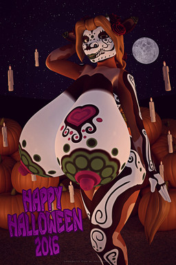 anthro big_breasts blonde_hair bodypaint breasts candy dessert face_paint female flower food fruit fur hair half-closed_eyes holidays horn huge_breasts hyper looking_at_viewer moon narrowed_eyes night nipples nude open_mouth outside plant pose pumpkin rose_(flower) skull_face_paint sky smile solo star sugar_skull anthroanim calavera day_of_the_dead halloween annabelle_cow bovid bovine cattle mammal 2016 2:3 3d_(artwork) digital_media_(artwork) hi_res