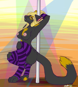 anthro areola black_body black_fur blonde_hair breasts clothing dancing female footwear fur green_eyes hair legwear nipples nude pattern_clothing pattern_legwear pole pole_dancing socks solo stockings striped_clothing striped_legwear stripes tail toeless_footwear toeless_socks whiskers kittentits domestic_cat felid feline felis mammal hi_res