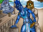 2012 aggathos_(amocin) amocin anthro aquatic_dragon bar big_breasts blue_eyes breasts brown_body brown_fur claws clothed clothing container cup digital_media_(artwork) dragon duo eye_contact fangs female fin fish frill_(anatomy) fur genitals green_eyes gull_(amocin) hair interspecies jewelry looking_at_another male male/female mammal marine membrane_(anatomy) membranous_frill mustelid mythological_creature mythological_scalie mythology nipples non-mammal_breasts otter outside pussy red_eyes scalie sea seaside shark smile teeth translucent translucent_clothing water