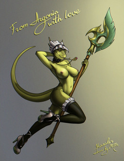 amulet_of_dibella ankle_strap_heels anthro axe big_breasts biped black_bow black_bow_tie bow_(feature) bow_accessory bow_tie breasts clothing female footwear greataxe halberd high_heels horn jewelry legwear looking_at_viewer maid_uniform melee_weapon nipples non-mammal_breasts non-mammal_nipples nude one_eye_closed pendant platform_footwear platform_heels polearm pumps shoes simple_background solo stockings tail text uniform weapon wink yellow_eyes kasaler tram15vay microsoft the_elder_scrolls the_lusty_argonian_maid lifts-her-tail not-lifts-her-tail argonian scalie 2018 hi_res redraw