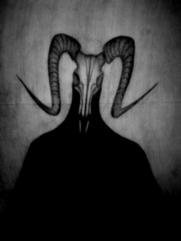 2_horns ambiguous_gender anthro bone creepy front_view horn scary sharp_horn skull skull_head solo wavy_horn avargus777 creepypasta bovid caprine goat mammal 2021 greyscale half-length_portrait hi_res monochrome portrait