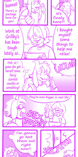 aged_up anthro awkward blush bodily_fluids breasts clothed clothing dialogue dildo duo exclamation_point fangs female hair hair_over_eyes horn humor inside interrobang male question_mark sex_toy surprised sweat teeth text thought_bubble wide_eyed bunkakke undertale undertale_(series) asriel_dreemurr frisk_(undertale) boss_monster_(undertale) bovid caprine goat human mammal 2015 comic digital_drawing_(artwork) digital_media_(artwork) english_text hi_res monochrome pink_and_white