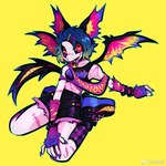 1:1 2023 alternative_fashion anthro bat clothed clothing colorful_theme digital_media_(artwork) female full-length_portrait fully_clothed hair hi_res icon kemono kneeling mammal multicolored_ears multicolored_hair multicolored_wings pink_nose portrait punk simple_background solo weibo weibo_logo wings yellow_background zhang_gun