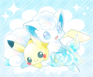 3_toes 5_fingers ambiguous_gender back_markings black_body black_markings black_tipped_ears blue_background blue_body blue_crystal blue_eyes blue_flower blue_fur blue_inner_ear blue_markings blue_rose brown_body brown_markings cheek_spots chibi crystal digitigrade duo feet feral fingers flower fluffy fluffy_tail fur gloves_(marking) hair head_markings leaf leg_markings markings on_top open_mouth open_smile pattern_background paws plant red_body red_markings rose_(flower) simple_background smile socks_(marking) sparkles striped_background tail toes white_background white_body white_fur white_hair yellow_body michi_runi nintendo pokemon alolan_form alolan_vulpix canid canine generation_1_pokemon generation_7_pokemon mammal pikachu pokemon_(species) regional_form_(pokemon) rodent digital_media_(artwork) unavailable_at_source