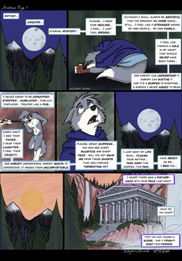 4_fingers 4_toes anthro begging black_nose blue_eyes bodily_fluids bottomwear cloak clothed clothed_anthro clothed_male clothing collar dialogue fangs feet fingers flashback forest full_moon fur grey_body grey_fur hand_wraps hindpaw humanoid_hands humiliation kneeling leash leashed_collar loincloth loincloth_only male moon mountain multicolored_body multicolored_fur nature navel night nipples outside paws plant praying solo speech_bubble standing sunrise tail tears teeth temple text toes tongue topless topless_anthro topless_male trauma traumatized tree two_tone_body two_tone_fur white_body white_fur wraps spiritofash andreas_(spiritofash) canid canine canis mammal wolf comic english_text hi_res