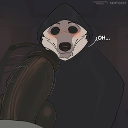 anthro balls big_balls big_penis black_balls black_clothing black_penis black_sclera blush bodily_fluids cloak clothed clothing dialogue duo facial_markings front_view fur fuzzy genitals glans glistening glistening_balls glistening_genitalia glistening_penis grey_background grey_body grey_fur head_markings hood hood_up hooded_cloak looking_at_genitalia looking_at_penis male male/male markings mask_(marking) mostly_offscreen_character mostly_offscreen_male motion_lines offscreen_character offscreen_male penis poncho red_eyes simple_background solo_focus standing surprised sweat text thick_penis vein wide_eyed kento267 dreamworks puss_in_boots_(franchise) death_(puss_in_boots) ambiguous_species canid canine canis mammal wolf hi_res signature watermark