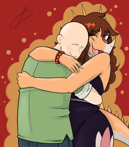 anthro bald bear_hug black_clothing black_dress blush bottomwear bracelet brown_hair clothing dress duo eyebrow_through_hair eyebrows facial_horn female fingers floral_print green_clothing green_jacket green_topwear grey_bottomwear grey_clothing grey_pants hair happy horn hug human_on_anthro humanoid_hands interspecies jacket jewelry long_hair love male male/female one_eye_closed open_mouth open_smile orange_body orange_outline outline pants red_background red_eyes romantic romantic_couple simple_background smile spiked_tail spikes spikes_(anatomy) standing tail tan_body topwear translucent translucent_hair bass1l1ssc0 cavemanon_studios goodbye_volcano_high ko_op_(game_developer) snoot_game anon_(snoot_game) rosa_(gvh) aquilops ceratopsian dinosaur human mammal marginocephalian ornithischian prehistoric_species reptile scalie colored hi_res shaded signature