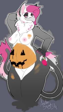 breasts cutie_mark female food fruit holidays plant pose pregnant pumpkin small_breasts halloween hasbro my_little_pony mythology avian gryphon mythological_avian mythological_creature 4k 9:16 absurd_res digital_media_(artwork) hi_res pinup