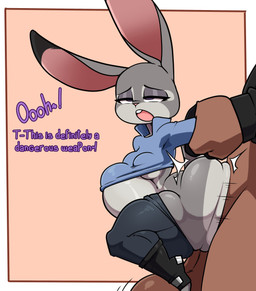 abdominal_bulge ambiguous_penetration anthro arm_grab arm_pull balls big_balls big_butt bottomwear bottomwear_down breasts brown_body butt clothed clothing dipstick_ears duo ear_markings exclamation_point female female_penetrated from_behind_position genitals grey_body half-closed_eyes huge_balls male male/female male_penetrating male_penetrating_female multicolored_ears narrowed_eyes open_mouth pants pants_down partially_clothed penetration prison_guard_position purple_eyes sex shirt text thick_thighs topwear theyeager disney zootopia judy_hopps lagomorph leporid mammal rabbit absurd_res digital_media_(artwork) english_text hi_res