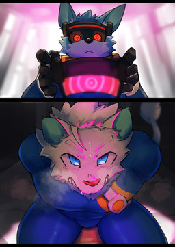 5_fingers angry anthro black_bars black_clothing black_gloves black_handwear black_nose blue_body blue_ears blue_eyes blue_fur blue_inner_ear blue_latex blue_spandex bodysuit bound brainwashing breath bulge clenched_teeth clothing comic_panel duo fingers fur gloves handwear head_tuft hypnosis hypnotic_visor inner_ear_fluff inside kneeling latex latex_bodysuit latex_clothing latex_skinsuit looking_down looking_down_at_another looking_up looking_up_at_another male male/male mind_control muscular muscular_anthro muscular_male pecs pink_nose skinsuit spandex spandex_clothing straps superhero_costume tail tail_tuft teeth tight_clothing triangle_(shape) tuft unusual_eyes white_body white_ears white_fur white_inner_ear_fluff white_tail white_tail_tuft yellow_latex asleepchef yakumo_(asleepchef) canid canine canis domestic_dog felid feline felis hybrid lion mammal pantherine wolf absurd_res comic hi_res letterbox sequence