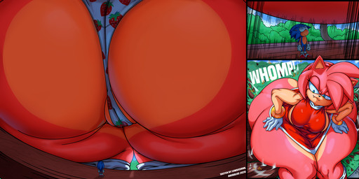 anthro big_butt biped breasts butt camel_toe clothing dress eyelashes female hair huge_butt larger_female macro micro panties pink_body pink_hair pupils red_clothing size_difference thick_thighs underwear daiidalus sega sonic_the_hedgehog_(series) amy_rose sonic_the_hedgehog eulipotyphlan hedgehog mammal hi_res