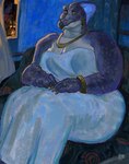 anthro beak big_breasts big_butt breasts butt cleavage clothed clothing curvy_figure dress ear_piercing ear_ring expressionism female fin furniture hands_on_lap head_crest head_fin inside jewelry nails necklace night open_window overweight piercing purple_body purple_eyes purple_scales ring_piercing scales sitting sofa solo strapless_clothing strapless_dress white_clothing white_dress dyna_soar dinosaur prehistoric_species reptile scalie saurian_(disambiguation) 2021 digital_media_(artwork) digital_painting_(artwork) hi_res portrait signature three-quarter_portrait