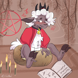2_horns ambiguous_gender anthro bell bell_collar big_diaper blush book candle cape clothing collar diaper ears_aside feces front_view fur hooves horn huge_diaper inside looking_at_diaper looking_down male occult_symbol onomatopoeia pentacle pentagram red_cape red_clothing sitting soiled_diaper solo sound_effects symbol tail text unclean_diaper used_diaper white_body white_fur diximmo cult_of_the_lamb massive_monster_(studio) lamb_(cult_of_the_lamb) red_crown_(cult_of_the_lamb) bovid caprine mammal sheep 1:1 english_text hi_res