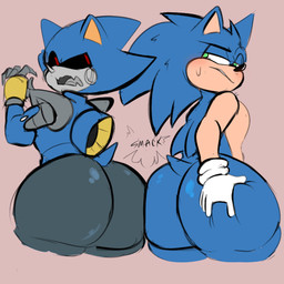 anthro ass_to_ass big_butt black_nose blue_body blue_butt blush bodily_fluids butt butt_focus clothing duo gloves gloves_only green_eyes grey_butt half-closed_eyes hand_on_butt handwear handwear_only holding_butt looking_back machine male mostly_nude narrowed_eyes onomatopoeia open_mouth pink_background red_eyes simple_background sound_effects standing sweat text white_clothing white_gloves white_handwear chipst3r sega sonic_the_hedgehog_(series) metal_sonic sonic_the_hedgehog eulipotyphlan hedgehog mammal robot robot_anthro 1:1 2023 hi_res
