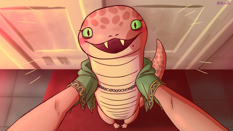 5_toes ambiguous_gender anthro biped blush cape cape_only clothing earless eyelashes fangs feet floor green_cape green_clothing green_eyes happy high-angle_view holding_another looking_at_viewer mole_under_mouth mostly_nude open_mouth orange_body orange_lighting orange_scales plantigrade pupils raised_arms scales slit_pupils smile snout solo standing tail tapering_tail teeth thick_tail tile tile_floor toes ventral_scales wall_(structure) bearyboo elden_ring fromsoftware zorayas legged_snake manserpent reptile scalie snake 2024 absurd_res cel_shading colored digital_drawing_(artwork) digital_media_(artwork) hi_res line_art shaded signature female_(lore)