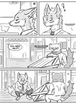 absurd_res anthro black_and_white box canid canine clothed clothing comic container crouching domestic_ferret duo ear_piercing english_text fox hi_res inner_ear_fluff jeff_(kifyun2) kif_yppreah kifyun2 male mammal monochrome mustelid musteline piercing sigh simple_background sound_effects speech_bubble text true_musteline tuft warehouse weasel