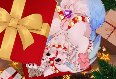 anal anal_penetration anus bdsm bell blue_body blue_eyes blue_fur bondage bound buttplug buttplug_in_ass buttplug_insertion candy candy_cane candy_cane_in_mouth dessert dipstick_tail female feral food fur genitals gift harness humanoid_genitalia inner_ear_fluff looking_at_viewer markings multicolored_body multicolored_fur object_in_ass pawpads penetration plug_(sex_toy) plug_insertion presenting presenting_anus presenting_vulva sex_toy sex_toy_in_ass sex_toy_insertion smile solo tail tail_markings tuft two_tone_body two_tone_fur vulva white_body white_fur wings liskis avey_(avey_aveon) canid canine canis fox mammal absurd_res hi_res