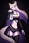 5_fingers anthro athletic belt black_background black_nose breasts clothed clothing female fingers fluffy fluffy_tail hair halo lamp lantern legwear looking_at_viewer medium_breasts navel pale_eyes simple_background smile solo stockings tail thick_thighs tight_clothing white_hair kunstwaffe alice_ayakashi canid canine fox mammal 2022 hi_res