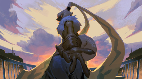 anthro bottomwear city clothing fluffy fluffy_chest fur gloves handwear long_ears male orange_eyes pants ponytail_ears reaching_towards_viewer rear_view shirtless small_waist solo sunset yellow_body yellow_fur fseiven bandai_namco digimon digimon_ghost_game digimon_(species) lagomorph leporid mammal rabbit symbareangoramon 16:9 hi_res widescreen