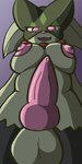 anthro areola balls big_balls big_breasts big_penis breasts erection fur genitals green_body green_fur gynomorph intersex knot knotted_penis looking_at_viewer nipples non-mammal_balls non-mammal_nipples nude open_mouth penis simple_background slightly_chubby smile solo kanespider nintendo pokemon domestic_cat felid feline felis generation_9_pokemon mammal meowscarada pokemon_(species) digital_drawing_(artwork) digital_media_(artwork) hi_res