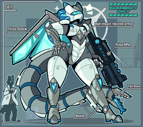 ambiguous_gender anthro biped blue_eyes clothing footwear gun holding_gun holding_object holding_ranged_weapon holding_weapon looking_at_viewer machine pulse_rifle ranged_weapon science_fiction shoes simple_background size_difference solo tail text thick_thighs weapon wings nagifur a1_(nagifur) alien hybrid robot robot_anthro digital_media_(artwork) english_text model_sheet pixel_(artwork)