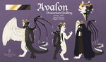 anthro bone_wings claws cloak clothing feathered_wings feathers halo hood horn male solo text unusual_anatomy unusual_wings wing_eyes wings palehorntea avalon angel demon hybrid english_text hi_res model_sheet