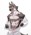 abs anthro boxers_(clothing) clothing fur grin half_naked heart_symbol male muscular muscular_male onesie open_mouth simple_background smile solo underwear zipper_down mondlc1103 dreamworks the_bad_guys mr._wolf_(the_bad_guys) canid canine canis mammal wolf hi_res