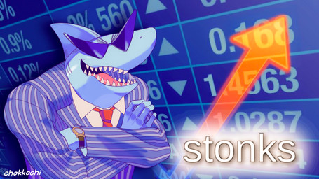 accessory anthro clock clothing crossed_arms eyewear male necktie red_necktie smile smirk solo suit sunglasses teeth watch wristwatch chokkochi omori_(game) stonks mr._jawsum aquatic fish shark hi_res meme