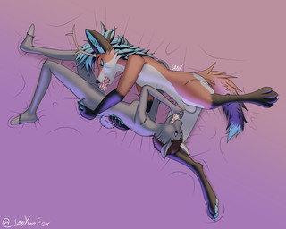 69_position anthro balls bodily_fluids cum duo fellatio genital_fluids genitals gynomorph gynomorph/male horn intersex intersex/male male oral oral_penetration penetration penile penis sex wings sanythefox rose_(rosethegoat) sany_van_fox bovid caprine goat lagomorph mammal wolpertinger 5:4 absurd_res hi_res