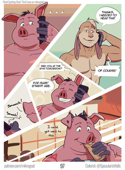 abs anthro athletic athletic_anthro athletic_male bathroom black_hair burrito casual_nudity cellphone dialogue duo eating electronics food fur grin hair kitchen male male/male nude nude_anthro nude_male overweight overweight_anthro overweight_male page_number phone phone_call pink_body pink_skin smartphone smile speech_bubble tan_body tan_fur teeth text mikrogoat abe_(mikrogoat) basil_(mikrogoat) domestic_pig lagomorph leporid mammal rabbit suid suine sus_(pig) comic english_text hi_res url