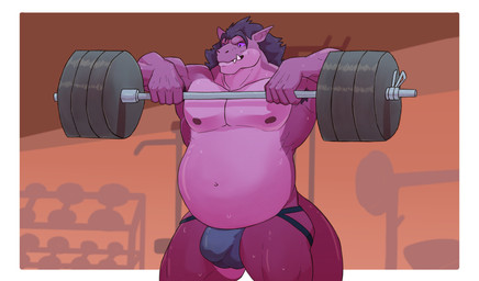 anthro belly biceps big_belly bodily_fluids bulge clothed clothing exercise fur gym jockstrap male musclegut muscular muscular_anthro muscular_male navel nipples overweight overweight_anthro overweight_male pecs purple_body solo sweat tail topless underwear weightlifting weights workout rsotart mythology geraldo dragon mythological_creature mythological_scalie scalie 2018 absurd_res digital_media_(artwork) hi_res
