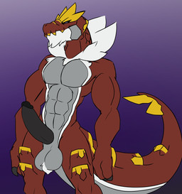 abs anthro anthrofied ball_tuft balls beard biceps big_balls big_penis black_penis claws erection facial_hair genitals grey_body grey_scales horn looking_at_viewer male mature_male muscular muscular_anthro muscular_male neck_tuft non-mammal_balls pecs penis presenting red_body red_scales scales simple_background smile solo standing tail thick_tail tuft white_body white_scales johnithanial nintendo pokemon dinosaur fossil_pokemon generation_6_pokemon pokemon_(species) prehistoric_species reptile scalie theropod tyrannosaurid tyrannosauroid tyrannosaurus tyrannosaurus_rex tyrantrum hi_res