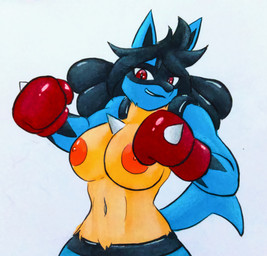 anthro attacking_viewer black_hair blue_body blue_fur blue_tail boxing boxing_gloves boxing_gloves_only breasts clothing exposed_breasts female fur hair handwear handwear_only mostly_nude nipples red_eyes smile smirk solo sport tail yellow_chest vulpinecrew nintendo pokemon aoki_(vulpinecrew) fan_character generation_4_pokemon lucario pokemon_(species) half-length_portrait hi_res portrait traditional_media_(artwork)