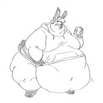 anthro barbell_piercing belly belly_overhang beverage big_belly big_butt black_and_white butt chubby_cheeks circular_barbell_piercing clothed clothing clothing_pull eyewear facial_piercing fur glasses hair hi_res holding_beverage holding_object hoodie lagomorph leporid male mammal monochrome moobs morbidly_obese morbidly_obese_anthro morbidly_obese_male navel nose_piercing obese obese_anthro obese_male overweight overweight_anthro overweight_male piercing rabbit septum_circular_barbell septum_piercing shirt shirt_pull solo standing thick_thighs topwear topwear_pull vomits_(artist) wide_hips