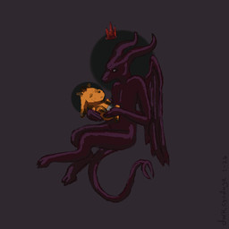 ambiguous_gender anthro black_eyes black_halo carried cloven_hooves cradling crown dark_body digitigrade dock_(anatomy) duo floating floating_object forked_tail fur halo headgear hooves horn orange_body orange_fur satanism screen simple_background sleeping tail toony unusual_anatomy unusual_tail wings young darkcyndoge jude_(darkcyndoge) satan demon imp 1:1 2026 digital_media_(artwork) digital_painting_(artwork) painting_(artwork)