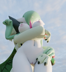 3_fingers anthro areola arm_under_breasts breasts cape caressing chest_spike claws clothing duo female female/female fingers fur genitals green_body green_fur hair hidden_eyes leg_grab low-angle_view mask nipples outside pink_areola short_hair sky slim spikes spikes_(anatomy) teasing thigh_gap thigh_grab vulva white_body emptiness42 nintendo pokemon domestic_cat felid feline felis gardevoir generation_3_pokemon generation_9_pokemon humanoid mammal meowscarada pokemon_(species) 3d_(artwork) digital_media_(artwork) hi_res