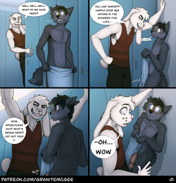 anthro armpit_hair big_penis blush body_hair bulge bully_kink bullying clothing dialogue duo embarrassed eyewear eyewear_only floppy_ears foreskin fur genitals glasses glasses_only green_eyes holidays humanoid_genitalia humanoid_penis locker locker_room long_ears male male/male nude penis role_reversal round_glasses shirt shower speech_bubble tank_top text topwear towel towel_only wearing_glasses white_body white_fur granitemcgee april_fools'_day cole_(granitemcgee) lucas_(granitemcgee) canid canine canis lagomorph leporid mammal rabbit wolf comic english_text hi_res url