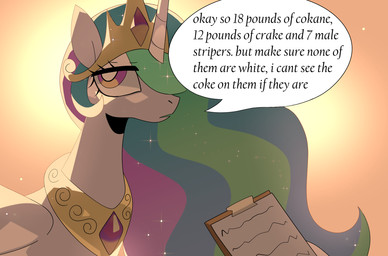 1_horn amethyst_(gem) armor clipboard crown dialogue drugs eyelashes female female_feral feral folded_wings gem hair headgear horn humor jewelry long_hair multicolored_hair necklace open_mouth peytral pink_eyes princess pupils purple_eyes royalty simple_background solo sparkles speech_bubble tan_background telekinesis text tiara white_body white_pupils wings valkenite friendship_is_magic hasbro my_little_pony mythology okay_so_18_pounds_of_cokane princess_celestia_(mlp) equid equine mammal mythological_creature mythological_equine winged_unicorn 2026 digital_drawing_(artwork) digital_media_(artwork) english_text hi_res meme redraw