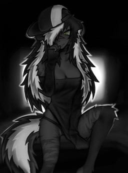 abstract_background anthro clothing fangs female hair hair_over_eye hat headgear headwear nipples_visible_through_clothing solo striped_body stripes teeth mega_moppa skunkun(laurence) mammal mephitid skunk hi_res