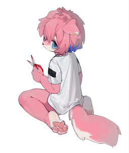 4_toes ambiguous_anthro ambiguous_gender anthro barefoot biped blood blue_eyes blue_highlights bodily_fluids bottomless bottomless_anthro bottomless_male butt casual_exposure clothed clothed_anthro clothed_male clothing countershade_butt countershade_ears countershade_face countershade_feet countershade_fur countershade_hands countershade_neck countershade_tail countershading ear_piercing ear_ring eyebrows feet floppy_ears fluffy fluffy_hair folded_ears fur hair highlights_(coloring) hindpaw holding_object holding_scissors humanoid_heel iris kemono kneeling kneeling_on_ground looking_at_viewer looking_back looking_back_at_viewer male mouth_closed multicolored_body multicolored_fur pawpads paws piercing pink_body pink_fur pink_hair pink_pawpads plantigrade plantigrade_pawpads pupils rear_view ring_piercing scissors shirt shirt_only short_hair simple_background solo tail three-quarter_view toes topwear topwear_only two_tone_body two_tone_face two_tone_fur white_background white_body white_clothing white_countershading white_eyebrows white_fur white_sclera white_shirt white_topwear young cfsy10 canid canine canis domestic_dog mammal full-length_portrait hi_res portrait shaded