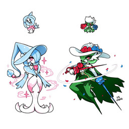 ambiguous_gender blue_pseudo_hair blush blush_lines clothing ear_piercing ear_ring eyelashes flower green_pseudo_hair hat headgear headwear jewelry looking_at_viewer mask melee_weapon necklace piercing pink_eyes plant pseudo_hair red_eyes ring_piercing rose_(flower) simple_background solo sparkles sword weapon white_body mamobot nintendo pokemon elemental_creature flora_fauna gardevoir generation_3_pokemon generation_4_pokemon generation_8_pokemon hatterene humanoid hybrid pokemon_(species) roserade 1:1 2025 hi_res signature