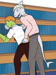 anthro behind_another belt book bookshelf bottomwear clothed clothing covering covering_mouth duo fingering furniture grope groping_from_behind hand_gag handgag male male/male necktie pants shirt size_difference topwear underwear white_clothing white_underwear fuze blaise_(fuze) amphibian fish frog marine shark 2018 hi_res